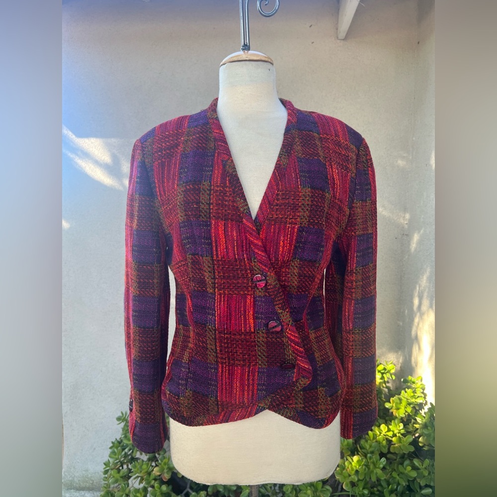 Vintage custom made jacket hand woven knit satin lining multicolor sz M